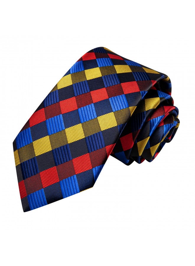 Hi-Tie Mens Plaid Ties Classic Paisley Necktie with Handkerchief Cufflinks Set Business Stripe Tie,Red Yellow Blue - Image 3
