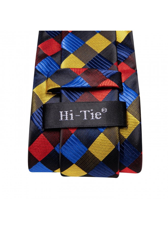 Hi-Tie Mens Plaid Ties Classic Paisley Necktie with Handkerchief Cufflinks Set Business Stripe Tie,Red Yellow Blue - Image 4