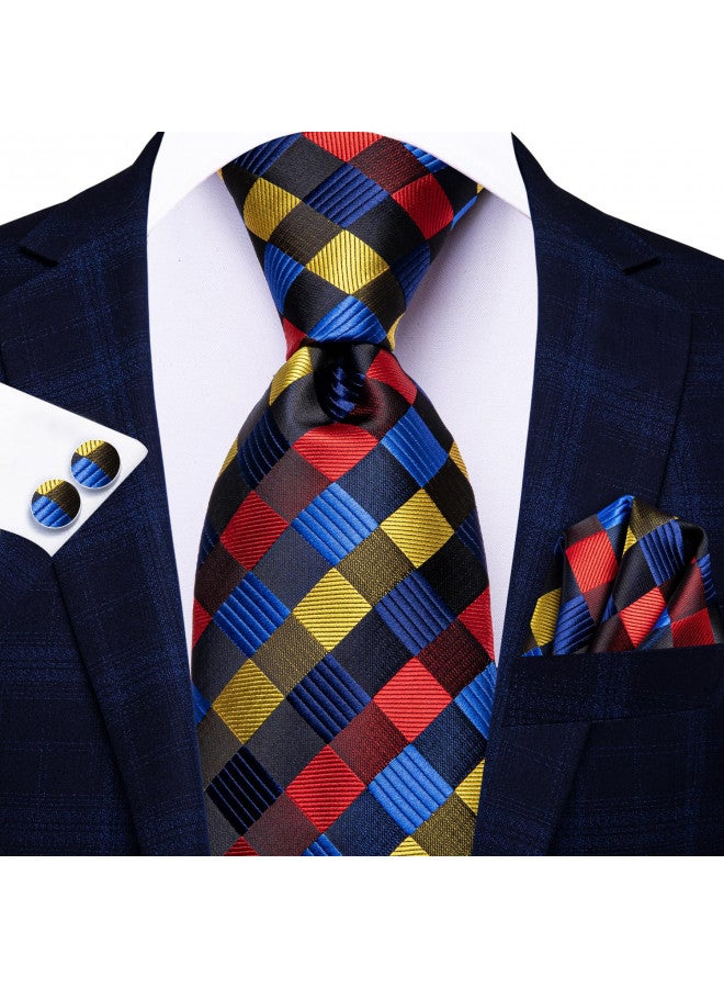 Hi-Tie Mens Plaid Ties Classic Paisley Necktie with Handkerchief Cufflinks Set Business Stripe Tie,Red Yellow Blue - Image 2