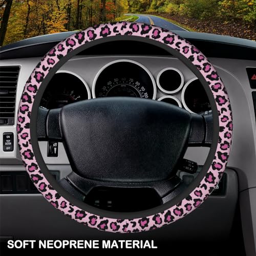 KARREAL Pink Leopard Print Elastic Steering Wheel Cover, Non-Slip Breathable Neoprene Steering Wheel Covers, Women Pink Car Accessories, Universal 15 Inch Fit Auto, Suvs, Truck - Image 3