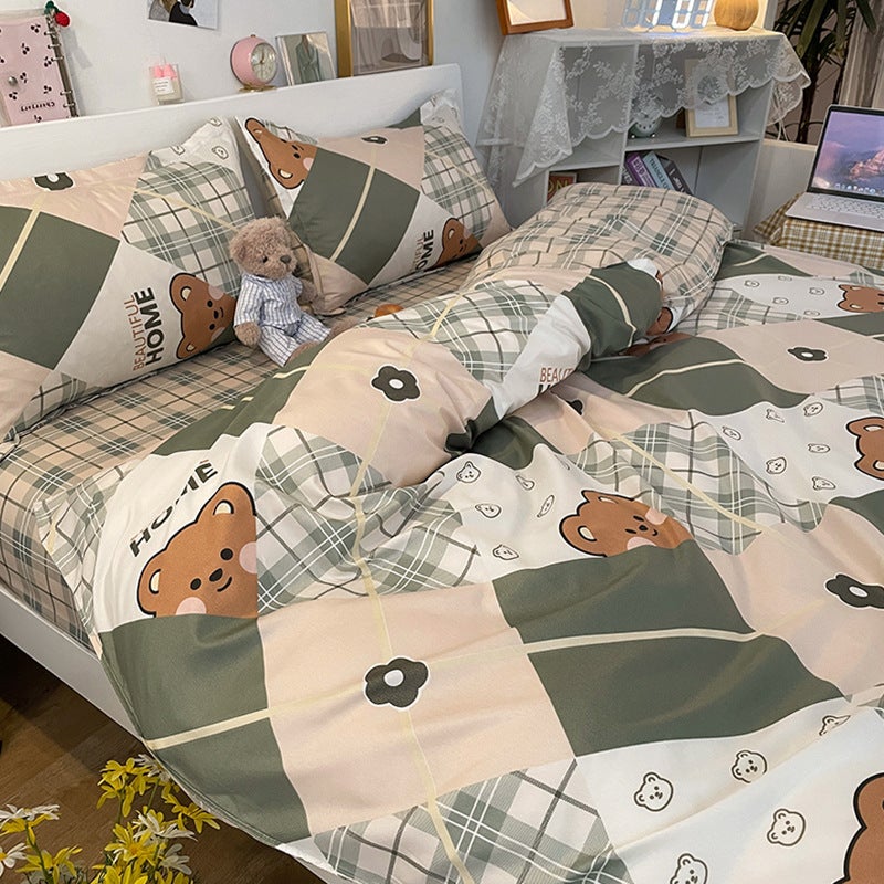 Four-Piece Bed Sheet Set, Washed Quilt Cover, Three-Piece Set For Student Dormitory, Brushed Single-Piece Quilt Cover, Cartoon Bedding - Image 1