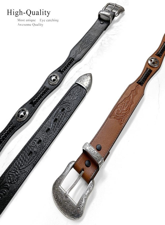 بيلتس.كوم حزام رعاة البقر النسائي ذو الشارة النجمية الغربية والمزين بزخارف كونشو، مصنوع من الجلد الطبيعي المضفر (مقاس 42، أسود) - Image 2