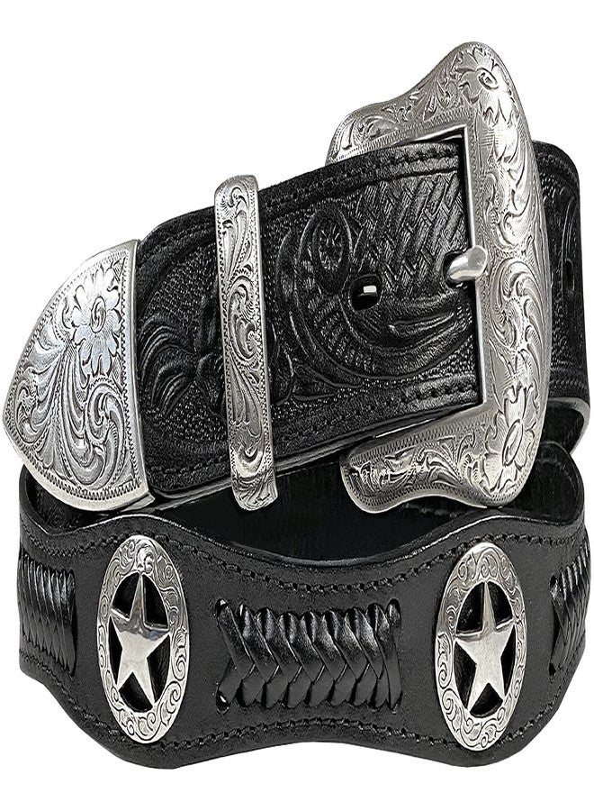 بيلتس.كوم حزام رعاة البقر النسائي ذو الشارة النجمية الغربية والمزين بزخارف كونشو، مصنوع من الجلد الطبيعي المضفر (مقاس 42، أسود) - Image 1