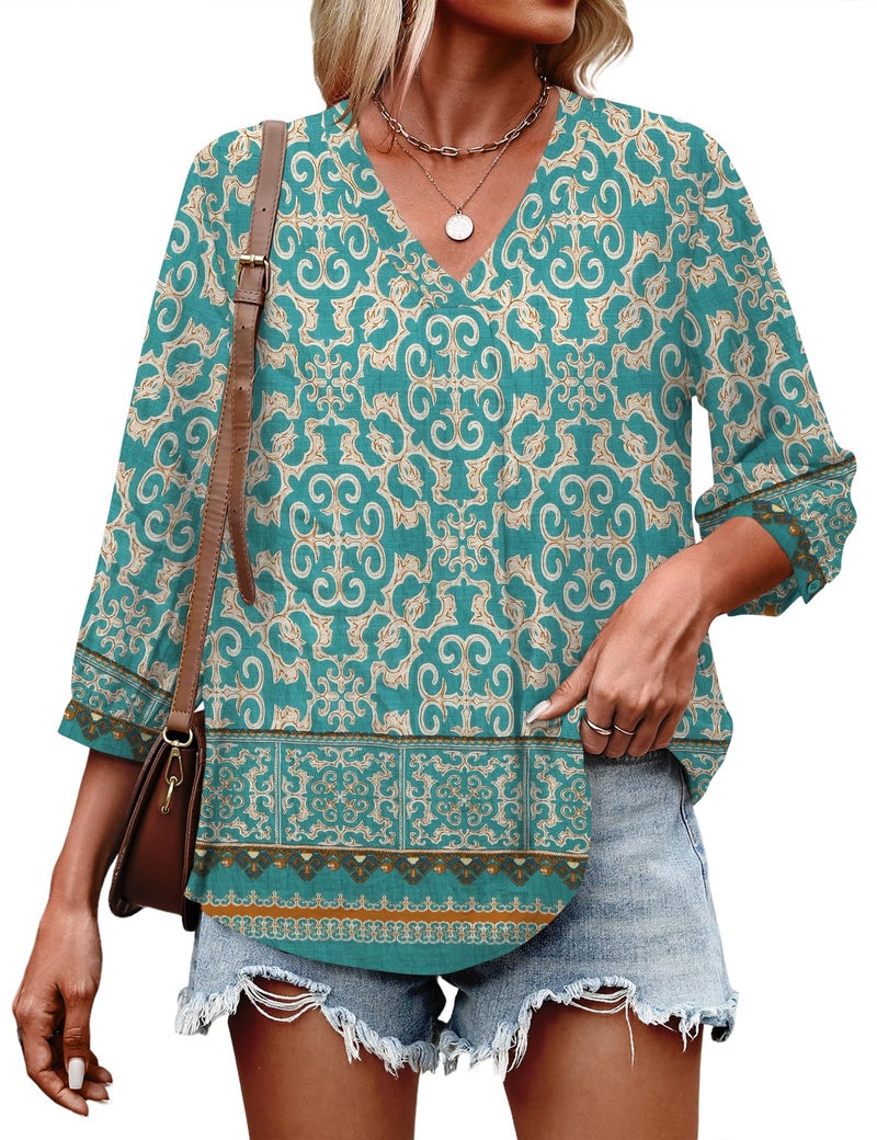Lomon Womens Boho Tops 3/4 Length Sleeve Office Shirts for Women Dressy Summer Spring Top Loose Fitting Hippie Blouse - Image 4
