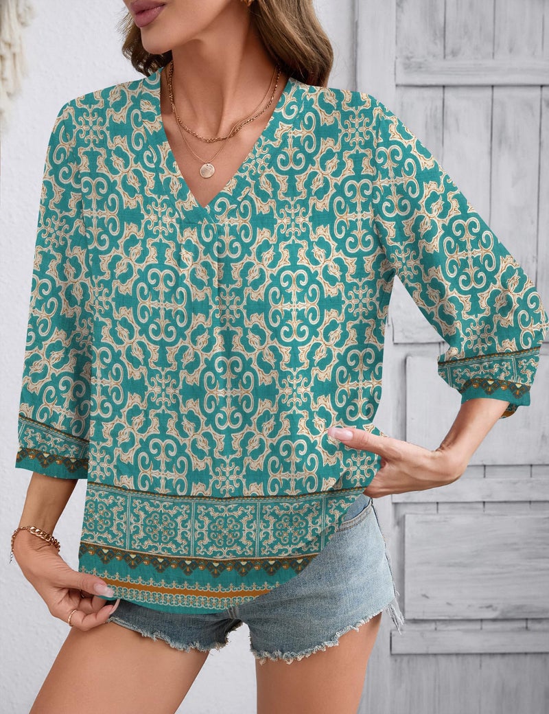 Lomon Womens Boho Tops 3/4 Length Sleeve Office Shirts for Women Dressy Summer Spring Top Loose Fitting Hippie Blouse - Image 3