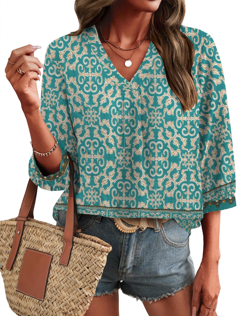 Lomon Womens Boho Tops 3/4 Length Sleeve Office Shirts for Women Dressy Summer Spring Top Loose Fitting Hippie Blouse - Image 1
