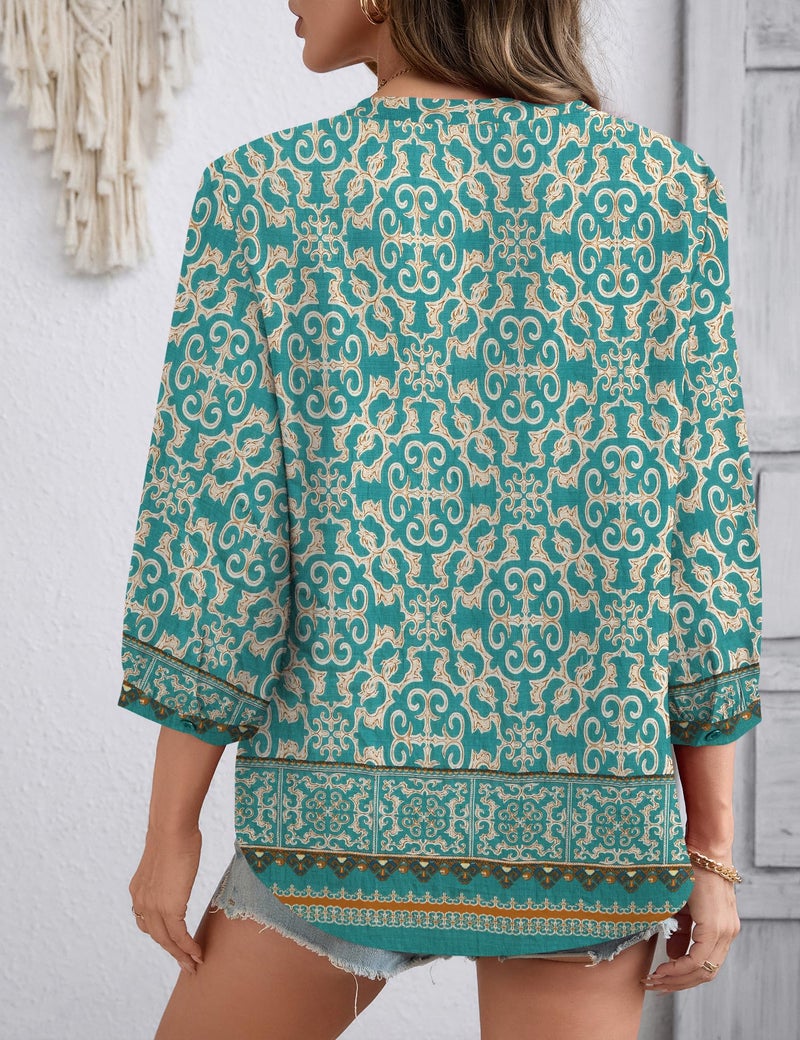 Lomon Womens Boho Tops 3/4 Length Sleeve Office Shirts for Women Dressy Summer Spring Top Loose Fitting Hippie Blouse - Image 5