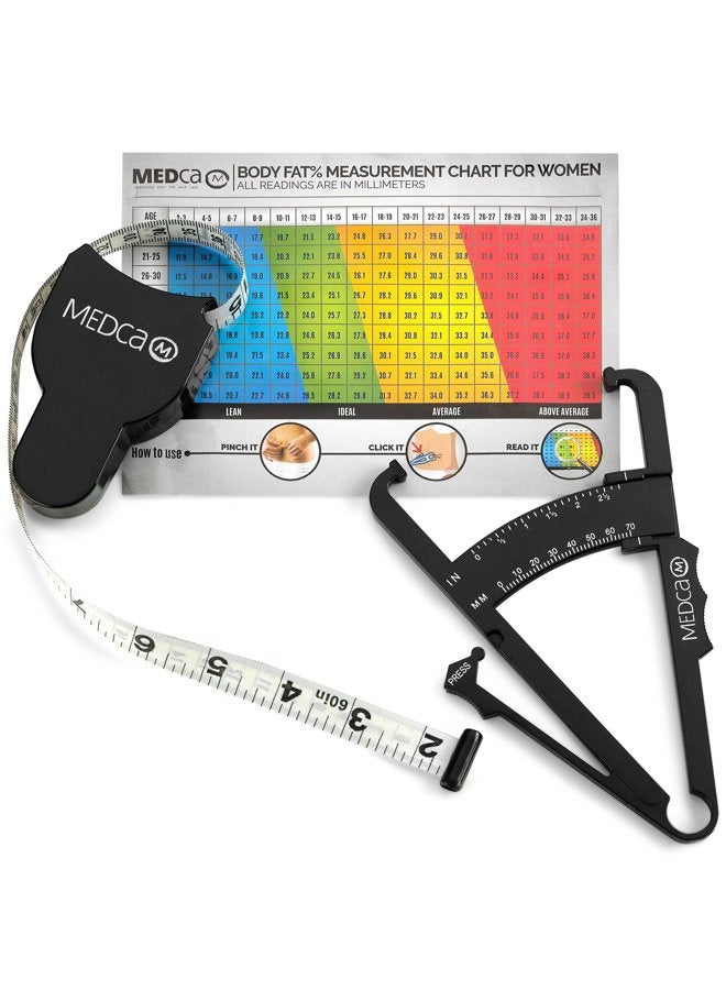 MEDca Body Fat Caliper and Measuring Tape for Body - Skinfold Calipers and Body Fat Tape Measure Tool for Accurately Measuring BMI Skin Fold Fitness and Weight-Loss, (Black) - Image 1