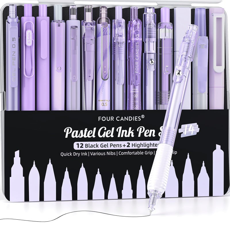 Four Candies Writing Ink Pens with Black & Purple Ink and 2Pack Highlighter Retractable 0.5mm Smooth Fine Point Pens Purple Pens for School Office Girly Stationery Aesthetic Desk Accessories Set of 14 - Image 1