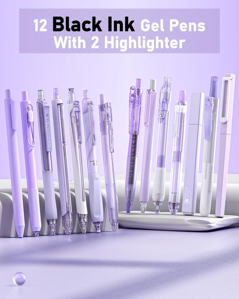 Four Candies Writing Ink Pens with Black & Purple Ink and 2Pack Highlighter Retractable 0.5mm Smooth Fine Point Pens Purple Pens for School Office Girly Stationery Aesthetic Desk Accessories Set of 14 - Image 2