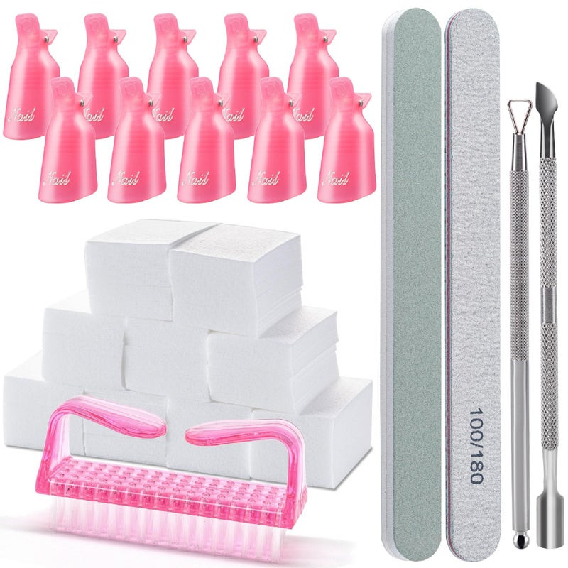 Hoewina Gel Nail Polish Remover Tools Kit with 10 Pcs Nail Clips 400 Pcs Lint Free Nail Wipes Nail Files 100180 Buffer Block 4004000 Nail Brush Cuticle Pusher Cuticle Peeler Pink