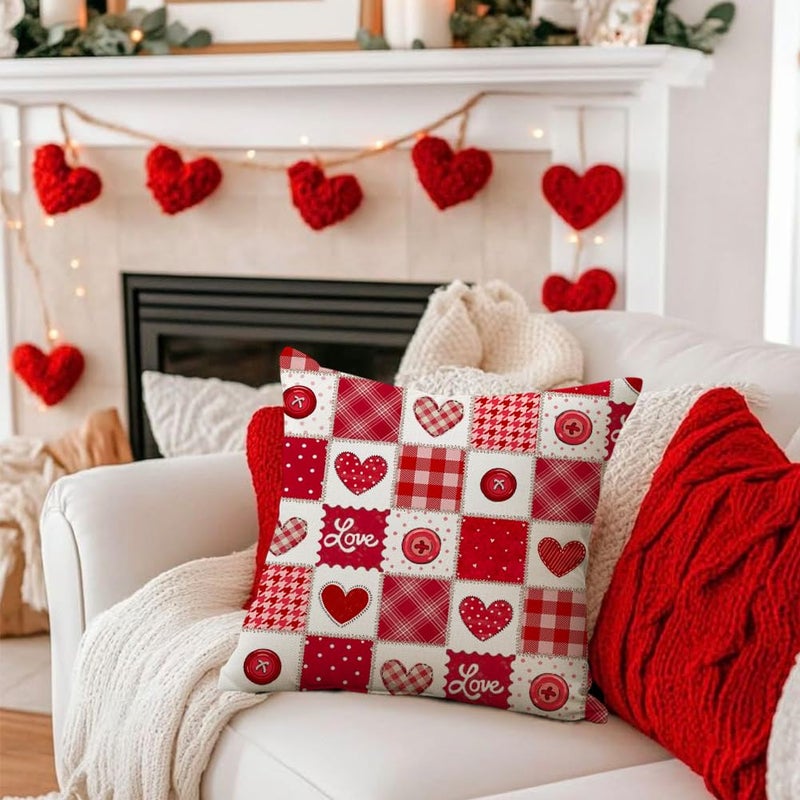RABUSOFA Valentines Red Plaid Pillow Covers 18x18 Inch, Love Heart Holiday Party Farmhouse Romantic Outdoor Cushion Cases Valentine Decoration for The Home Sofa Couch Indoor (Red, 18" x 18") - Image 2