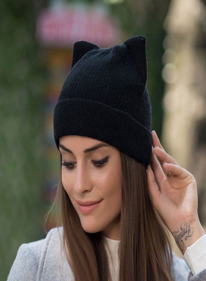 LUCKYBUNNY Cat Ear Beanie for Women Girls, Autumn Winter Knit Cuff Beanie Hip Hop Beanie Hat Cat Crochet Ski Cap - Image 5