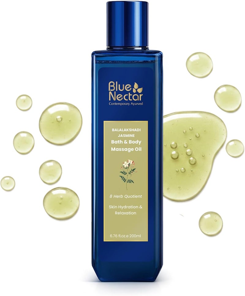 Blue Nectar Relaxing Body Massage Oil for Couples | Natural Ayurvedic Body Oil with Ashwagandha & Jasmine | Plant Based Aromatherapy (8 Herbs, 200ml) - Image 1