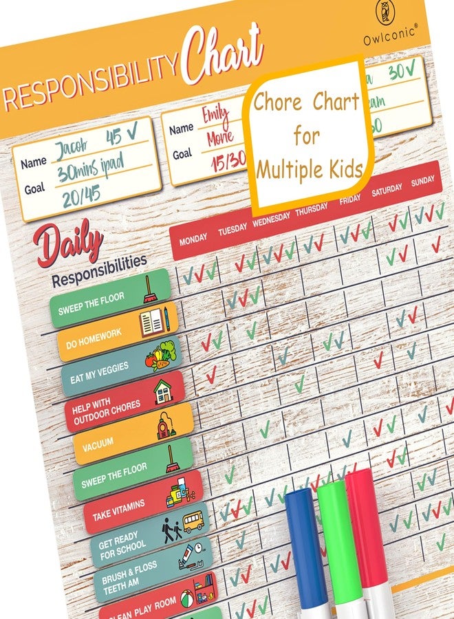 OWLCONIC Large Magnetic Chore Chart for Kids (2-3 Children) - Premium Responsibility & Behavior System - Reusable Family Command Center for Daily Routines, Rewards & Independence - Image 1