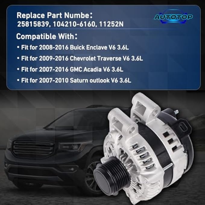 AUTOTOP Alternator 12V 170A CW 6-Groove Pulley FIT 20092017 Chevy Traverse, 20072016 GMC Acadia, 20082017 Buick Enclave, 20072010 Saturn Outlook Replace 25815839, 104210-6160, 11252N - Image 2