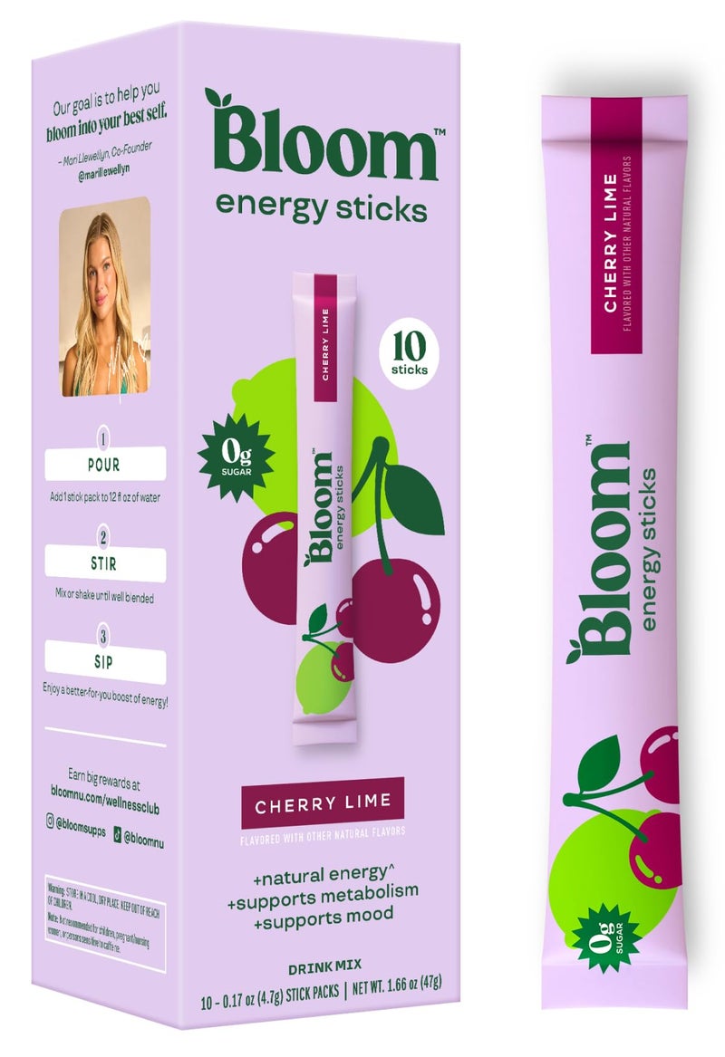 Bloom Nutrition Energy Drink Powder Packets, Sugar Free Energy Drink Mix with L-Theanine, B Vitamins & Natural Caffeine, On the Go Powder Sticks for Natural Energy, 10 Calories (10 Pouches (Pack of 1), Cherry Lime) - Image 1