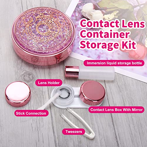 ofone Contact Lens Case, Bling Stars Cute Contact Lenses Holder Travel Kit with Remover Tool Tweezers Solution Bottle Mirror Portable Contacts Storage Container for Women Girl (Pink) - Image 3