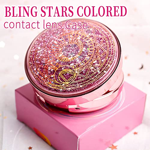 ofone Contact Lens Case, Bling Stars Cute Contact Lenses Holder Travel Kit with Remover Tool Tweezers Solution Bottle Mirror Portable Contacts Storage Container for Women Girl (Pink) - Image 2