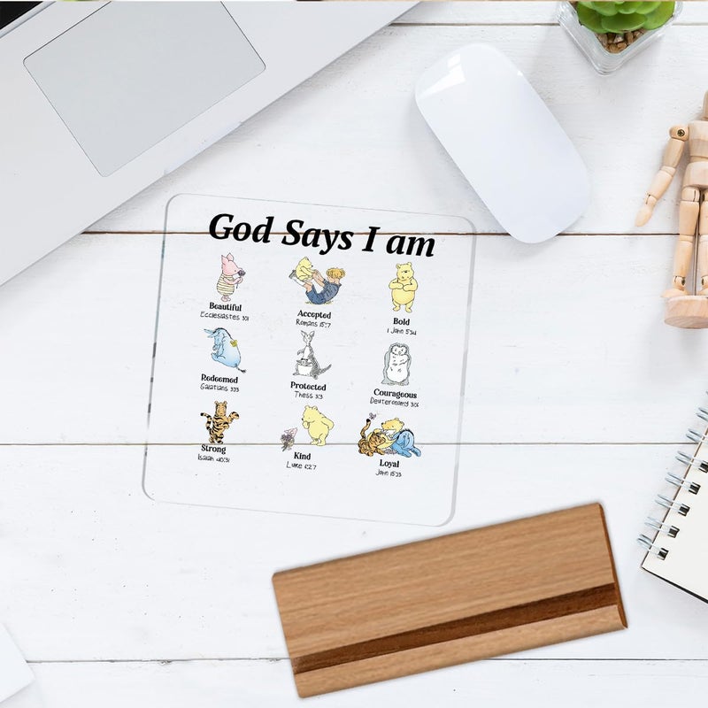 Oqtumes Pooh Bear Gifts for Women Christian Gifts Inspirational Gift God Says Pooh Clear Desk Decorative Sign Acrylic Sign With Wooden Stand for Office Desk Table Shelf - Image 5