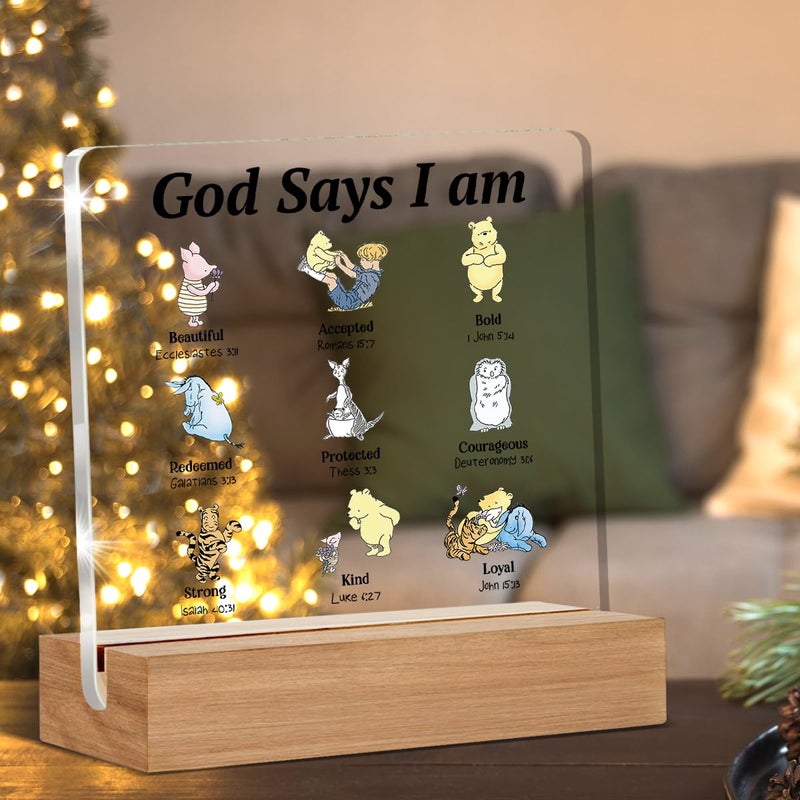 Oqtumes Pooh Bear Gifts for Women Christian Gifts Inspirational Gift God Says Pooh Clear Desk Decorative Sign Acrylic Sign With Wooden Stand for Office Desk Table Shelf - Image 3
