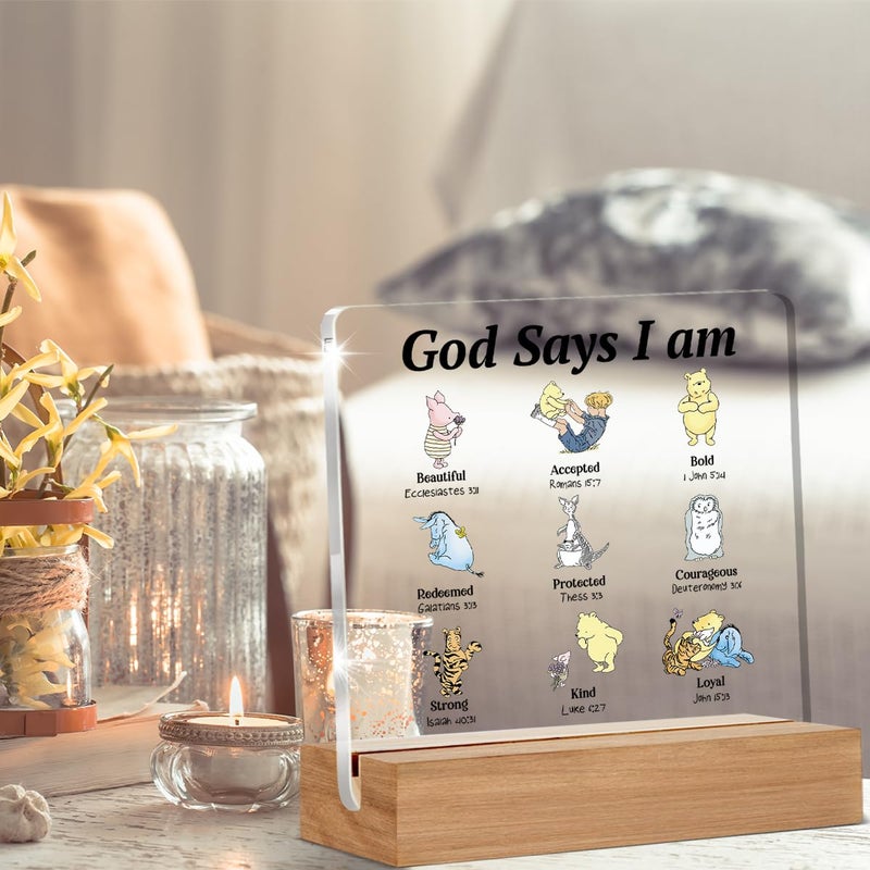 Oqtumes Pooh Bear Gifts for Women Christian Gifts Inspirational Gift God Says Pooh Clear Desk Decorative Sign Acrylic Sign With Wooden Stand for Office Desk Table Shelf - Image 4