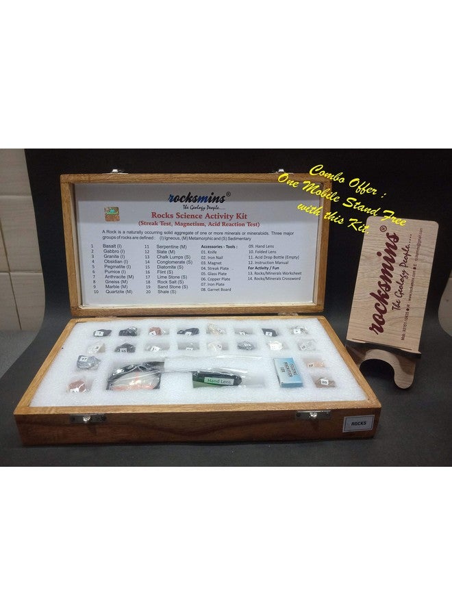 Rocksmins Rocks Science Activity Kit in Wooden Box Set of 20 Rocks Kit with Tools, Instruction Manual and Crossword Minerals Kits with Free Mobile Stand Rock Mineral collection (RO20ACWBMS) - Image 1