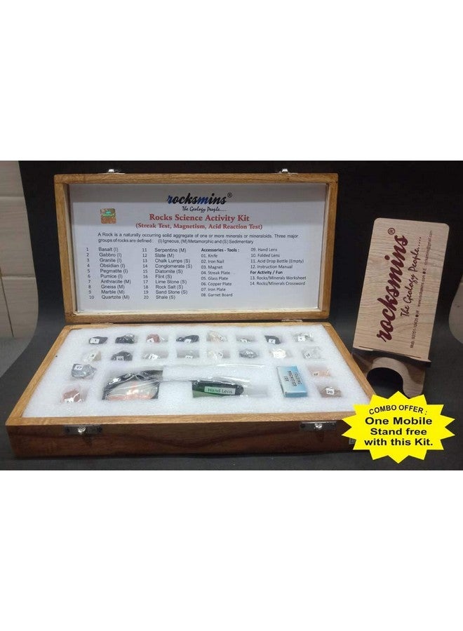 Rocksmins Rocks Science Activity Kit in Wooden Box Set of 20 Rocks Kit with Tools, Instruction Manual and Crossword Minerals Kits with Free Mobile Stand Rock Mineral collection (RO20ACWBMS) - Image 2