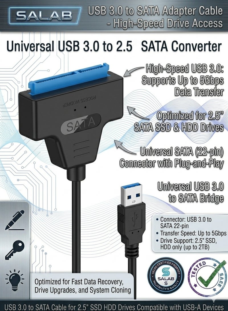 Salab USB 3.0 to SATA Adapter Cable for 2.5" SSD HDD Drives - SATA to USB 3.0 External Converter and Cable, USB 3.0 - SATA converter - Image 1