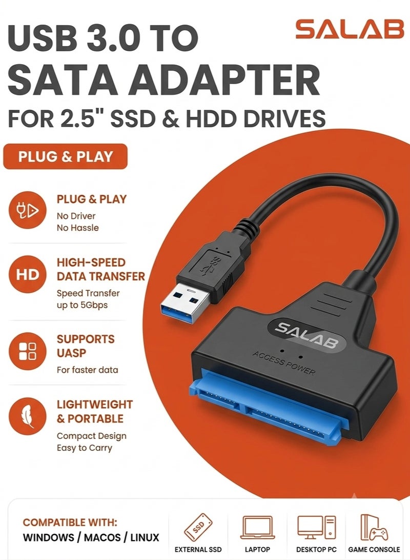 سالاب كابل محول USB 3.0 إلى SATA لمحركات الأقراص الصلبة SSD مقاس 2.5 بوصة - محول وكابل خارجي من SATA إلى USB 3.0، محول USB 3.0 إلى SATA III - Image 1