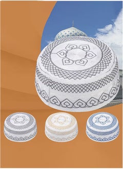 Realfrog 3 Pcs Muslim Prayer Kufi Hat for Men Prayer Headwear Cap Islamic Beanie Cap Embroidery Foldable Sun Hat Ramadan Eid Gift 56-58cm Yellow and Blue and Gray  - Image 3
