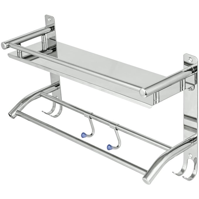 2 IN 1 STAINLESS STEEL BATHROOM SHELF WITH HOOK HANGER MULTIPURPOSE HOME ACCESSORIES ORGANIZER SET CORNER WALL MOUNT RACK FOR TOWEL SOAP TOOTHBRUSH PACK OF 1 SILVER