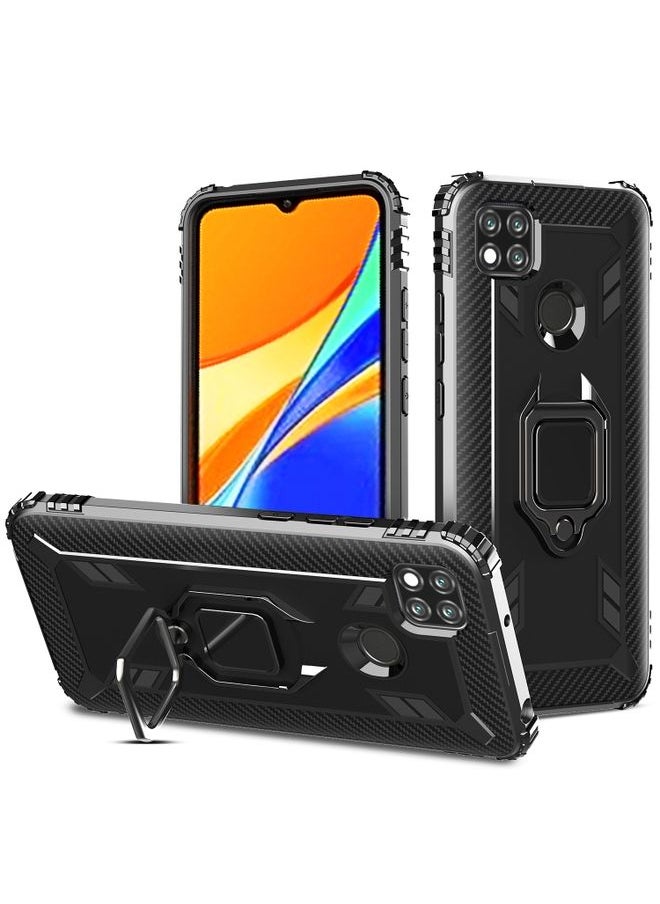 HuHa Case Cover For Xiaomi Redmi 9C Carbon Fiber Protective Case with 360 Degree Rotating Ring Holder Black 