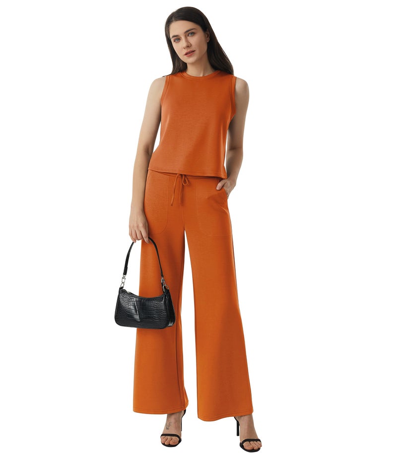 AFITNE Womens 2 Piece Outfits Air Essentials Sleeveless Tank Crop Top Wide Leg Sweatpants Lounge Set 2024 Tracksuit 29" Coffee, XS - Image 5