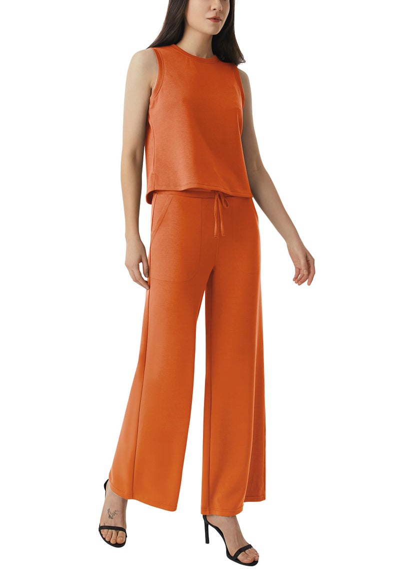 AFITNE Womens 2 Piece Outfits Air Essentials Sleeveless Tank Crop Top Wide Leg Sweatpants Lounge Set 2024 Tracksuit 29" Coffee, XS - Image 2