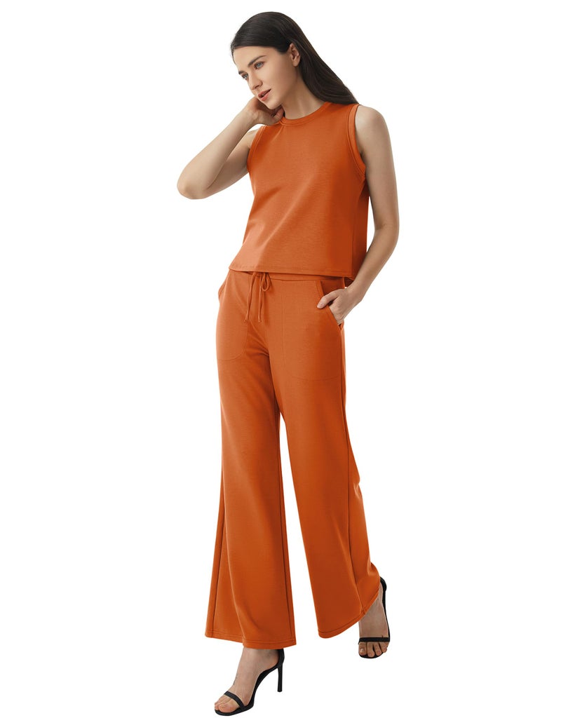 AFITNE Womens 2 Piece Outfits Air Essentials Sleeveless Tank Crop Top Wide Leg Sweatpants Lounge Set 2024 Tracksuit 29" Coffee, XS - Image 4