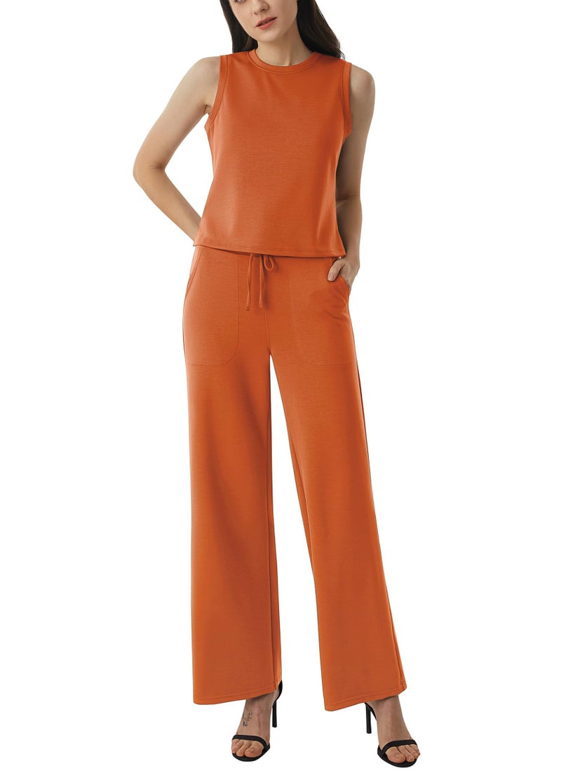AFITNE Womens 2 Piece Outfits Air Essentials Sleeveless Tank Crop Top Wide Leg Sweatpants Lounge Set 2024 Tracksuit 29" Coffee, XS - Image 1