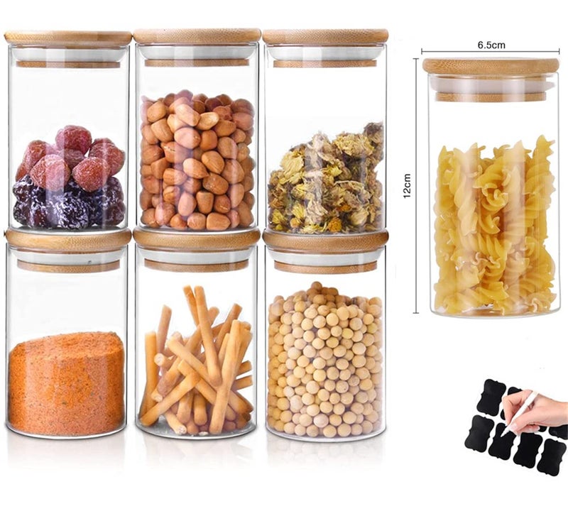 PATZY Glass Jars with Bamboo Wooden Airtight Lids 10oz Spice Jars Food Storage Containers for Home Kitchen Tea Salt Pepper Spices Coffee Herbs Grains 10 OZ 6 PCS - Image 1