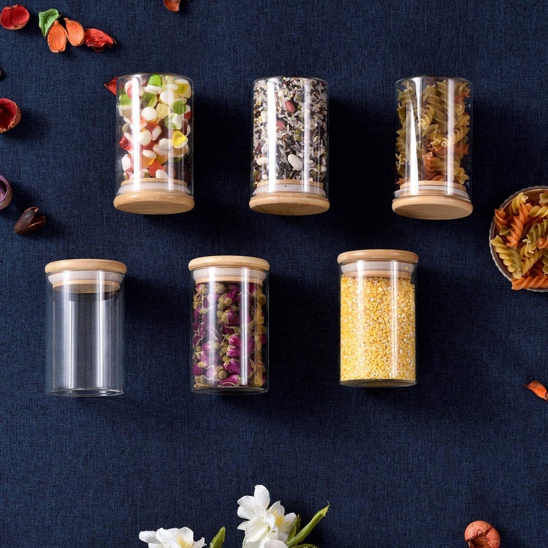 PATZY Glass Jars with Bamboo Wooden Airtight Lids 10oz Spice Jars Food Storage Containers for Home Kitchen Tea Salt Pepper Spices Coffee Herbs Grains 10 OZ 6 PCS - Image 5
