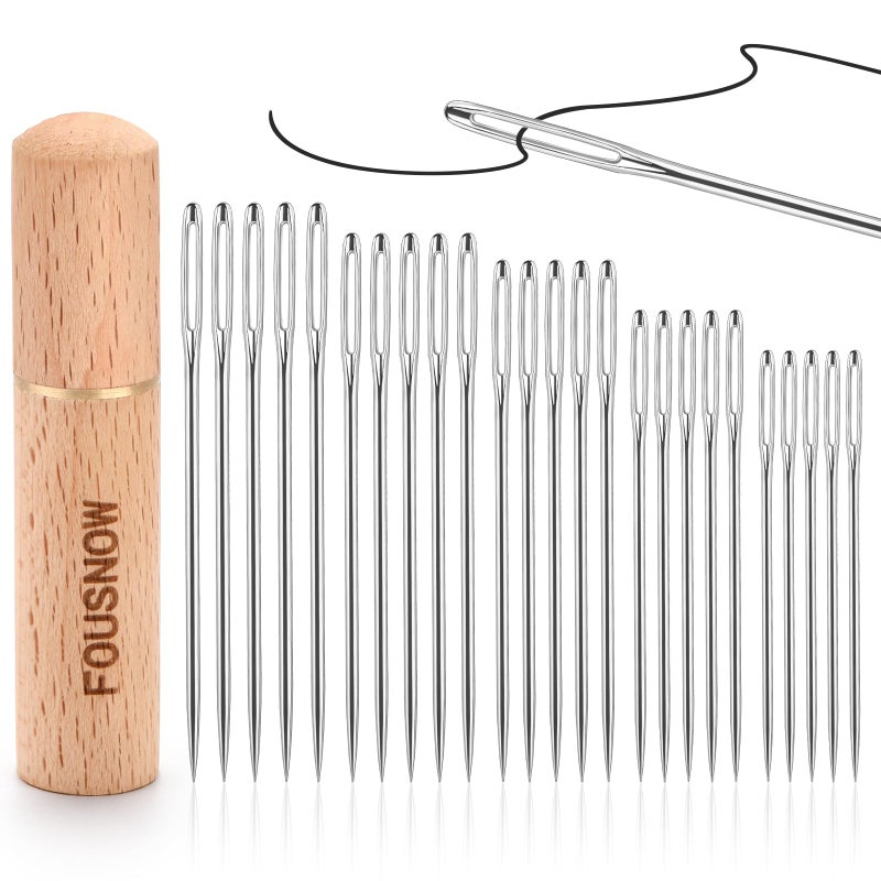 FOUSNOW 25 PCS Steel Sewing Needles, 5 Different Sizes Embroidery Large Eye Needles for Handsewing, Large Eye Sewing Needle, Sharp Needle Kit with Solid Wood Case - Image 1