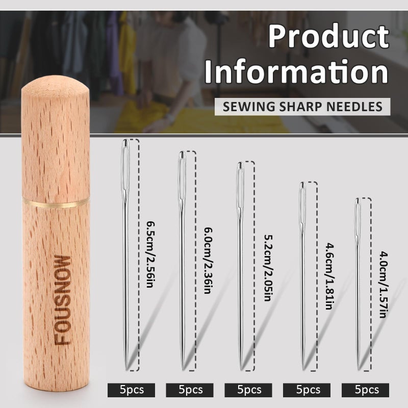FOUSNOW 25 PCS Steel Sewing Needles, 5 Different Sizes Embroidery Large Eye Needles for Handsewing, Large Eye Sewing Needle, Sharp Needle Kit with Solid Wood Case - Image 2