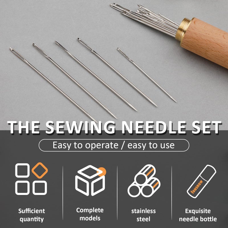 FOUSNOW 25 PCS Steel Sewing Needles, 5 Different Sizes Embroidery Large Eye Needles for Handsewing, Large Eye Sewing Needle, Sharp Needle Kit with Solid Wood Case - Image 4