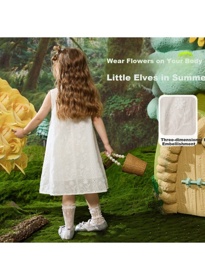 Ask Junior Girls' Summer Sleeveless Princess Countryside Style Lace Patchwork Dress White 110 - Image 3