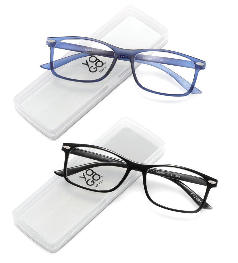 Yogo Vision Ultra Thin Lightweight Reading Glasses Men Women Stylish Featherlight Frame With Clear Storage Case 2 Pack Black Navy 300