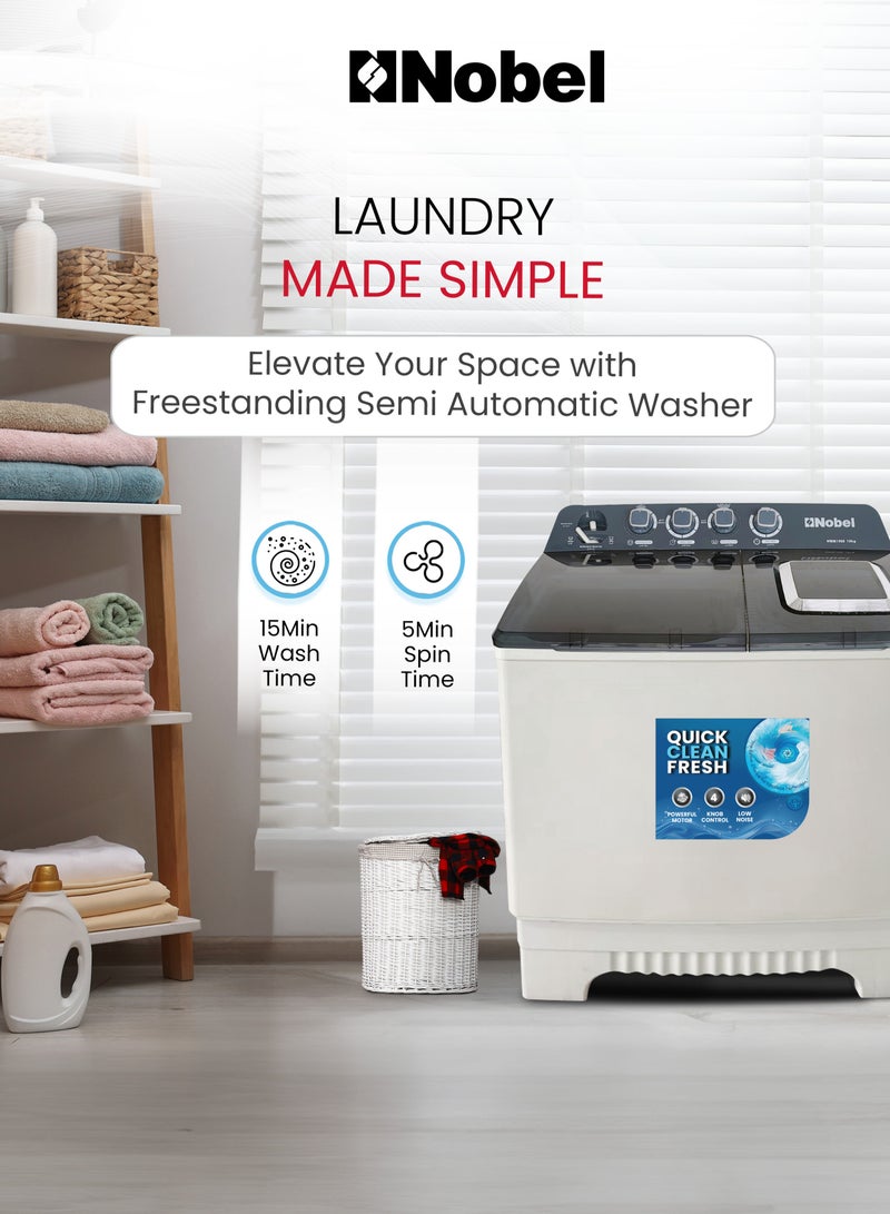 Nobel 18kg Wash / 8kg Spin Capacity Semi-Automatic Twin Tub Washing Machine | With IPX4 Rating, Energy-Efficient 830W Power, Durable Design & Timed Wash Cycles – NWM1900 White 18 L 830 W NWM1900 White - Image 5