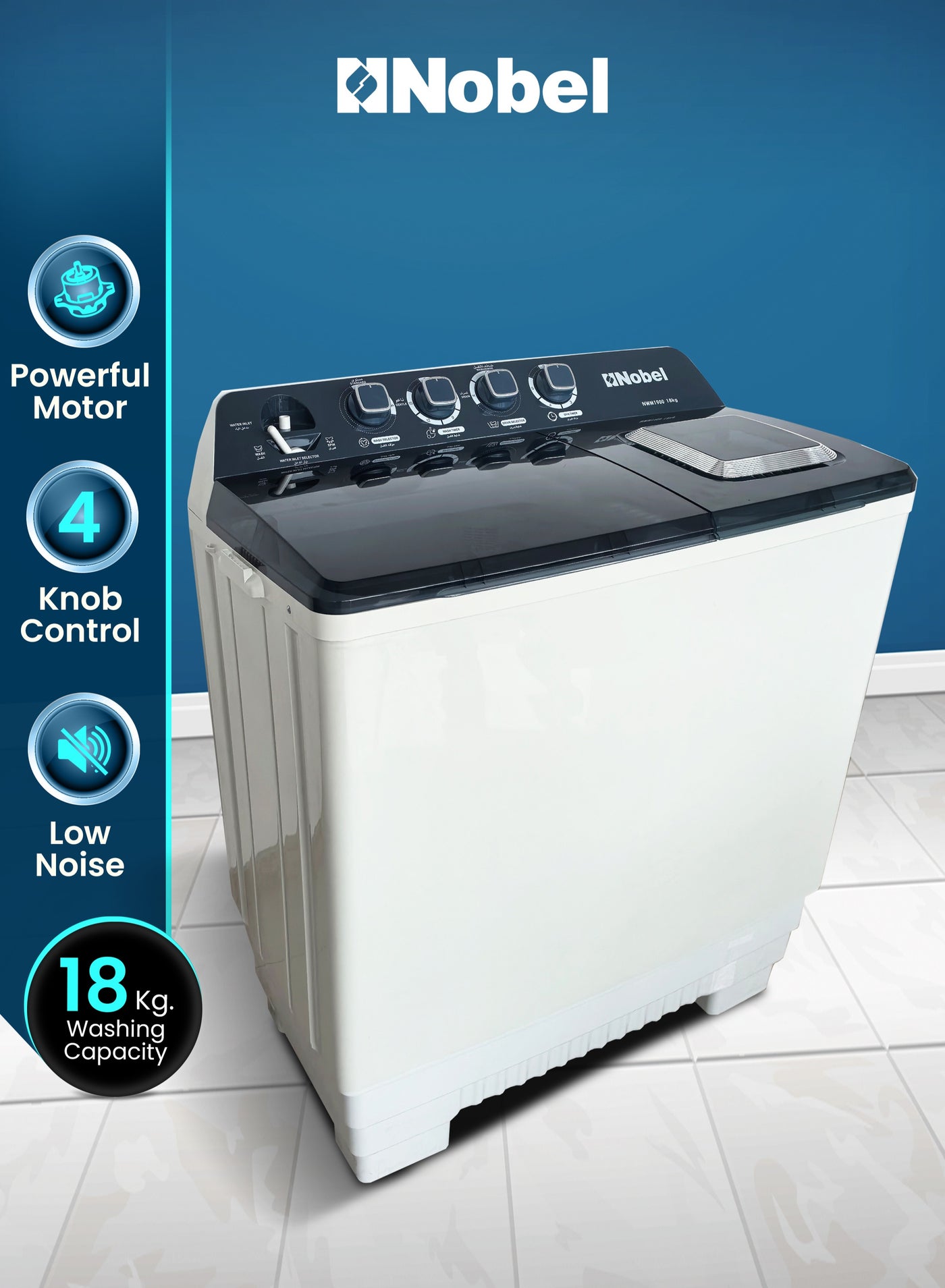 Nobel 18kg Wash / 8kg Spin Capacity Semi-Automatic Twin Tub Washing Machine | With IPX4 Rating, Energy-Efficient 830W Power, Durable Design & Timed Wash Cycles – NWM1900 White 18 L 830 W NWM1900 White