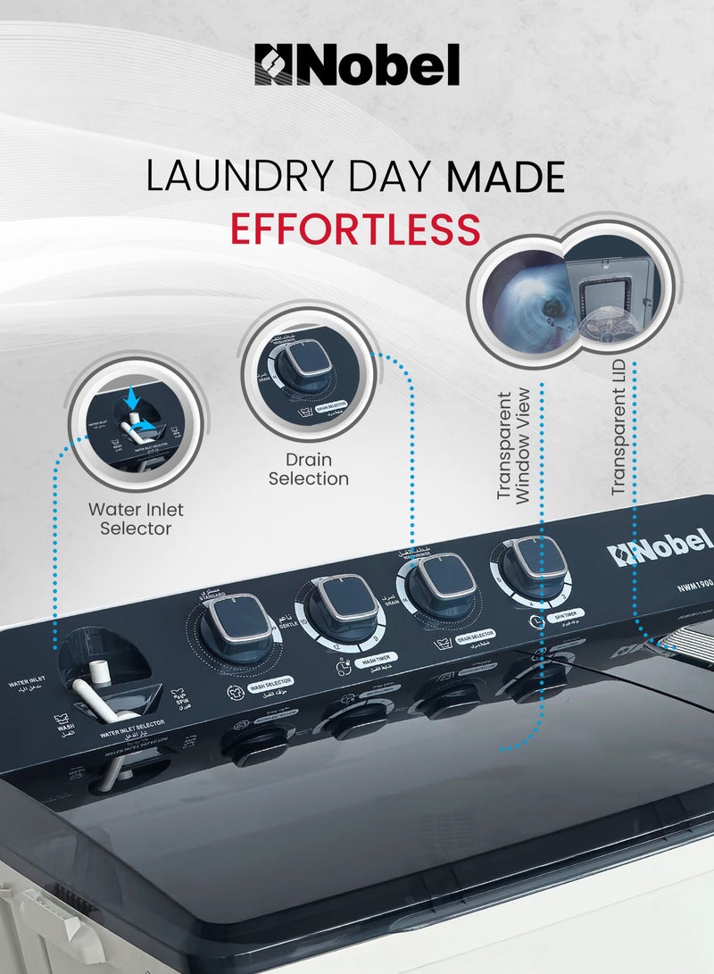 Nobel 18kg Wash / 8kg Spin Capacity Semi-Automatic Twin Tub Washing Machine | With IPX4 Rating, Energy-Efficient 830W Power, Durable Design & Timed Wash Cycles – NWM1900 White 18 L 830 W NWM1900 White - Image 3