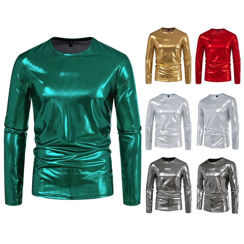 2025 Autumn New Men'S Fashion Trend Party Stage Shiny Long Sleeve Round Neck T-Shirt 033P30 - Image 2