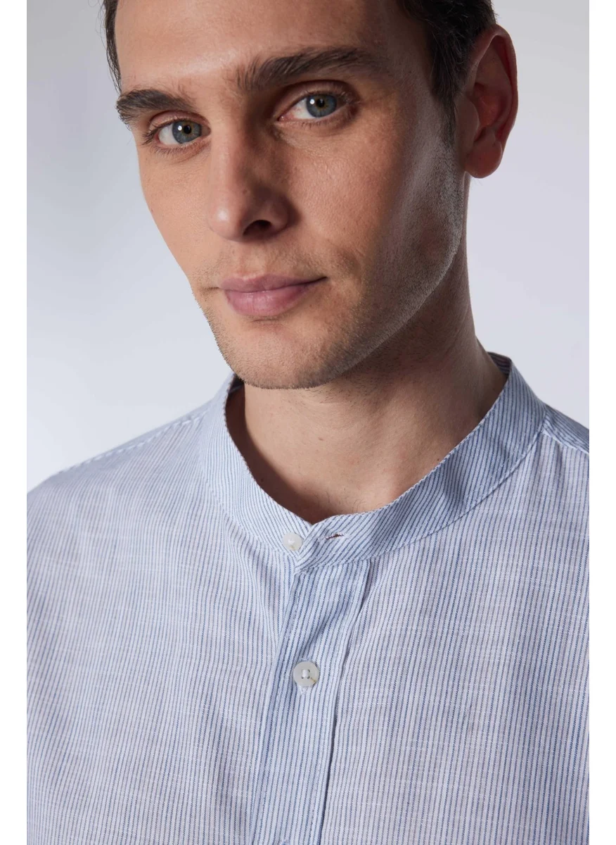 Tudors Slim Fit Long Sleeve Narrow Fit Judge Collar Striped Summer Linen Texture Men's Shirt