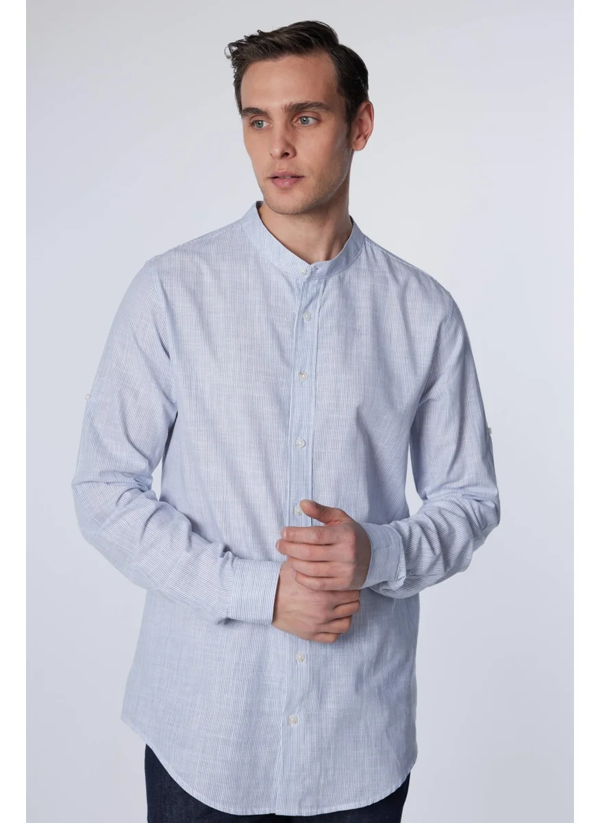 Tudors Slim Fit Long Sleeve Narrow Fit Judge Collar Striped Summer Linen Texture Men's Shirt